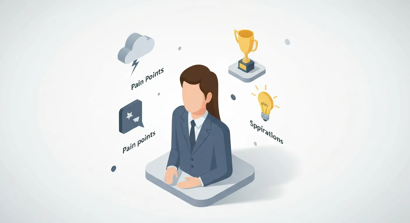 Ilustracja izometryczna przedstawiająca personę zakupową (buyer persona). W centrum znajduje się awatar klienta, otoczony ikonami symbolizującymi jego problemy, cele i zainteresowania, co wizualizuje proces dogłębnego poznawania klienta.