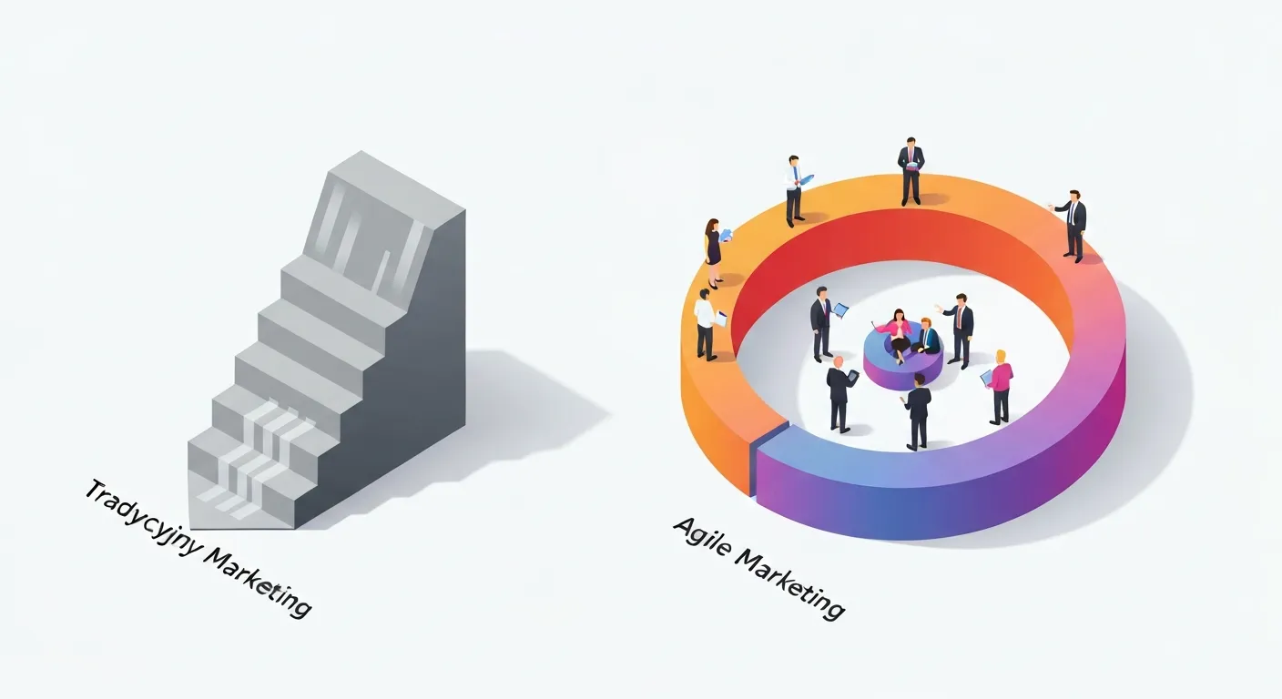 An isometric illustration comparing the rigid 'Waterfall' marketing method to the flexible 'Agile' method. The left side shows a strict, one-way staircase, while the right side shows a collaborative team working within a continuous, adaptable loop.