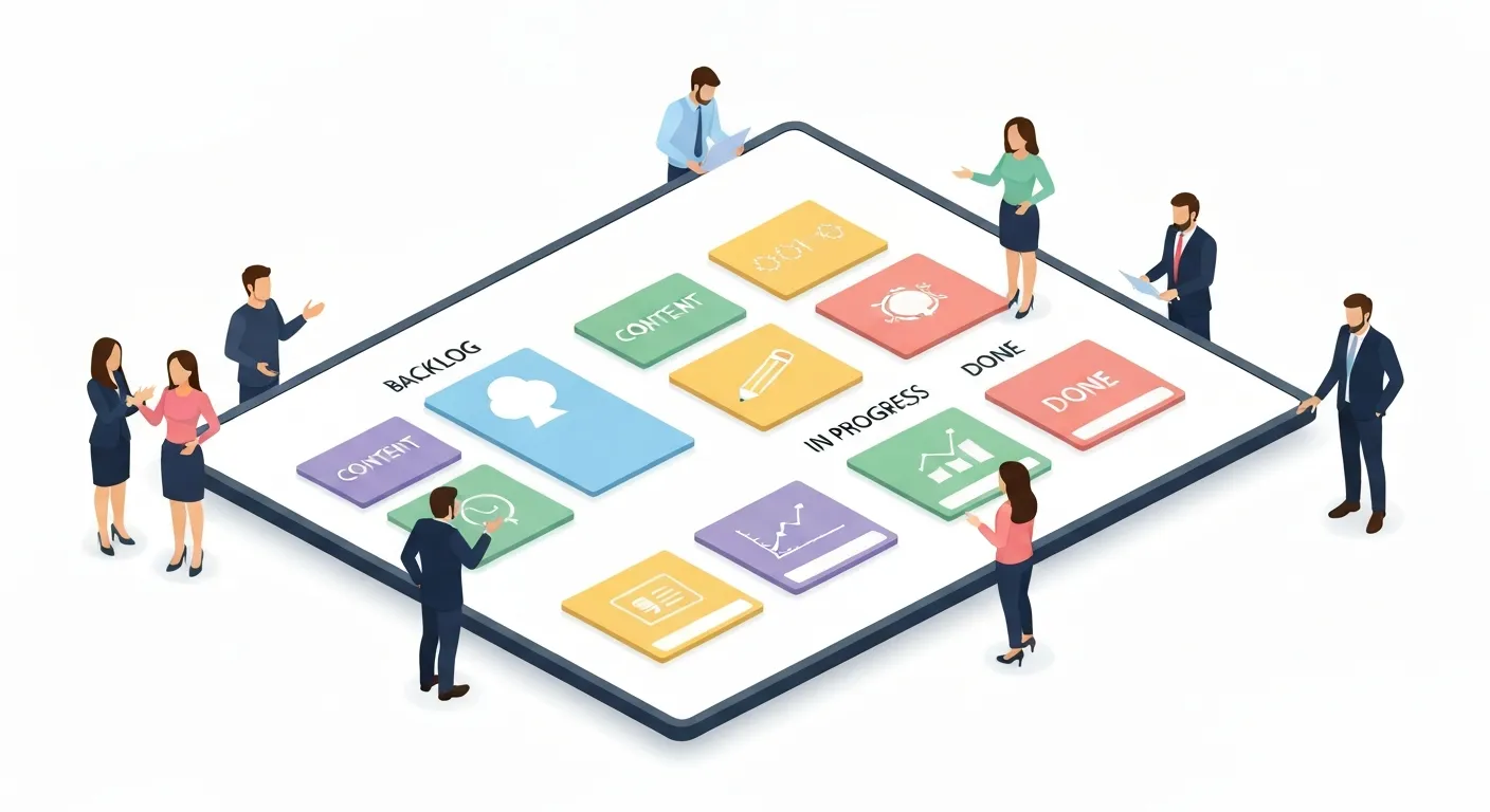 An isometric illustration of a marketing team standing around a large digital Scrum or Kanban board. The board is filled with colorful cards representing tasks in columns like 'Do Zrobienia', 'W Trakcie', and 'Gotowe', illustrating the agile workflow in practice.