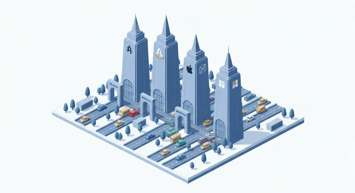 Izometryczna ilustracja koncepcji "strażnika dostępu" (gatekeepera) z DMA. Wysokie wieże z logo firm technologicznych kontrolują wszystkie drogi do cyfrowego miasta, podkreślając ich dominującą pozycję rynkową.