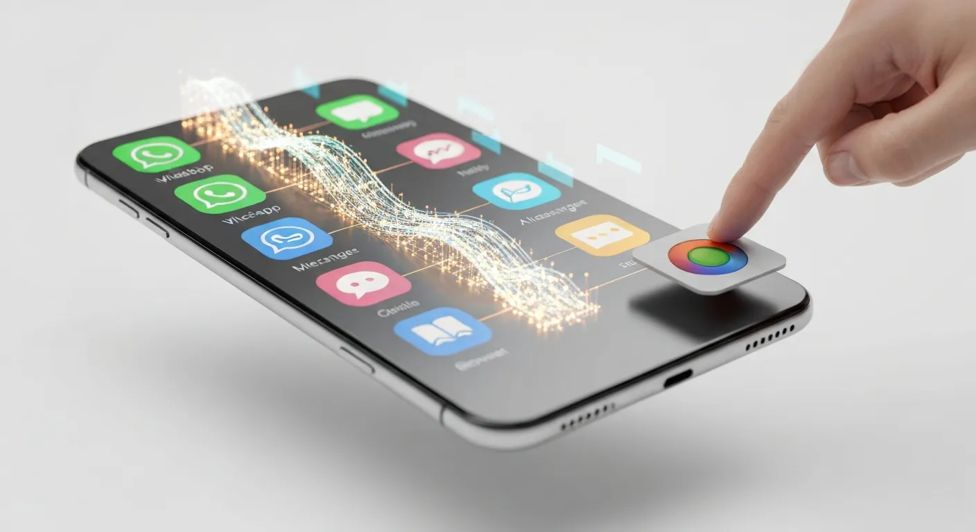 Ilustracja korzyści DMA dla użytkowników. Ekran smartfona pokazuje różne aplikacje połączone ze sobą (interoperacyjność), a użytkownik z łatwością zmienia domyślną przeglądarkę, co symbolizuje większy wybór i wolność.