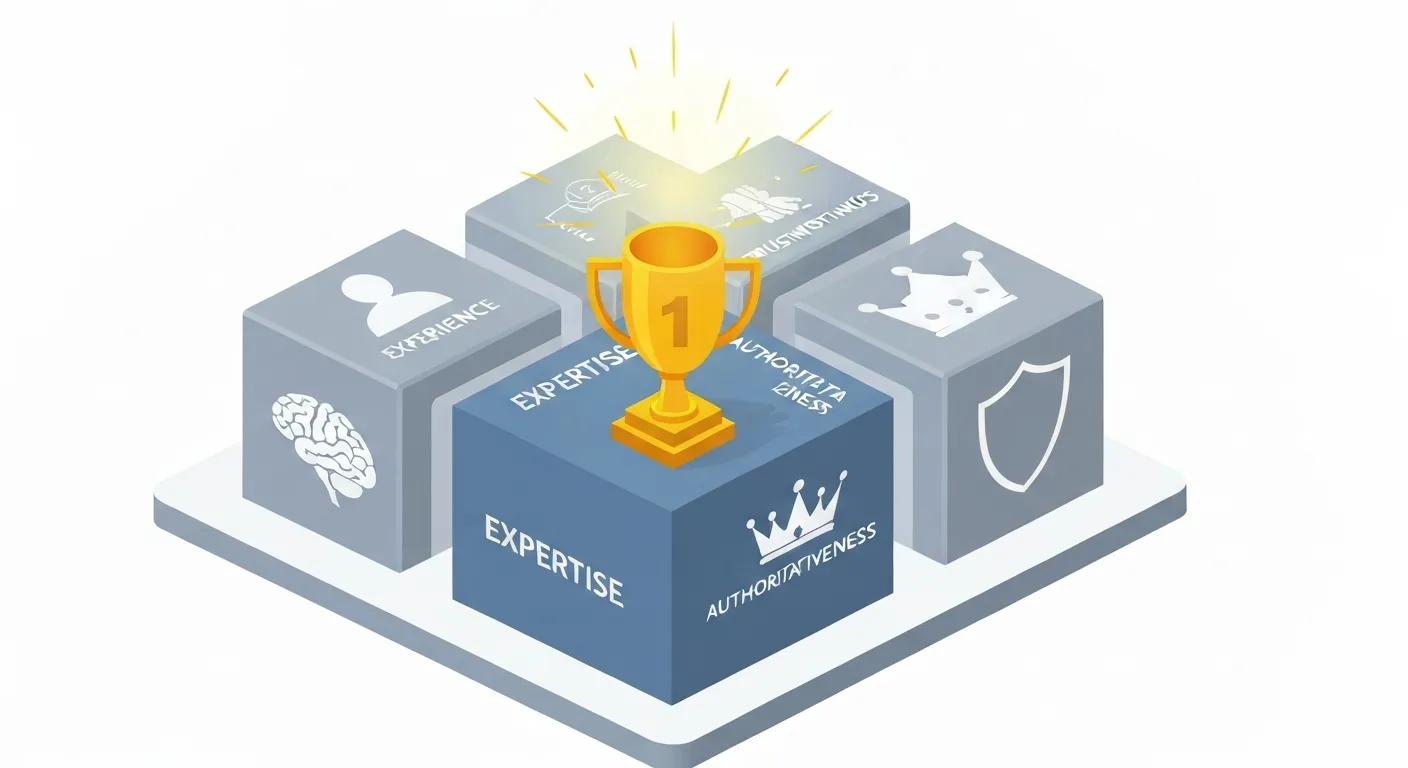 An isometric illustration of the four pillars of Google's E-E-A-T concept (Experience, Expertise, Authoritativeness, Trustworthiness) supporting a glowing gold trophy symbolizing a top search ranking.