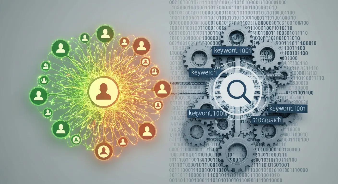 An abstract visualization contrasting helpful, user-centric content, represented by an organic network, with unhelpful, SEO-first content, shown as a rigid, mechanical system.