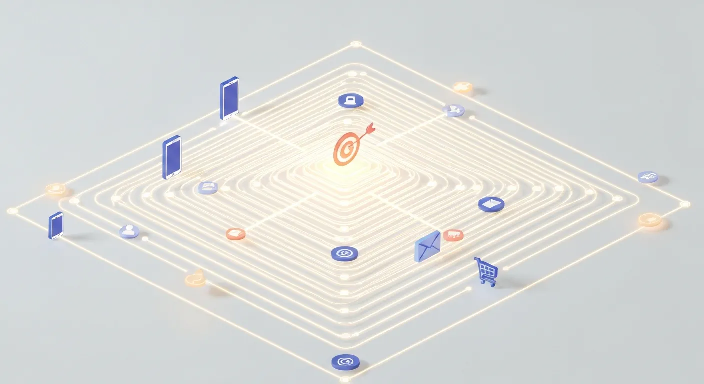 An abstract visualization of a complex, non-linear customer journey, depicted as a web of interconnected lines and data points. Various digital marketing icons are scattered throughout the web, with multiple paths converging on a central conversion goal, illustrating the complexity of modern marketing attribution.