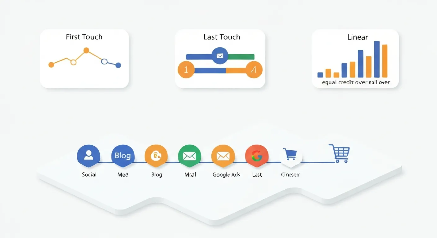 An isometric illustration comparing different marketing attribution models. A single customer path with several touchpoint icons is shown, with visual representations above it showing how models like 'Last Touch', 'First Touch', and 'Linear' distribute credit differently across the journey.