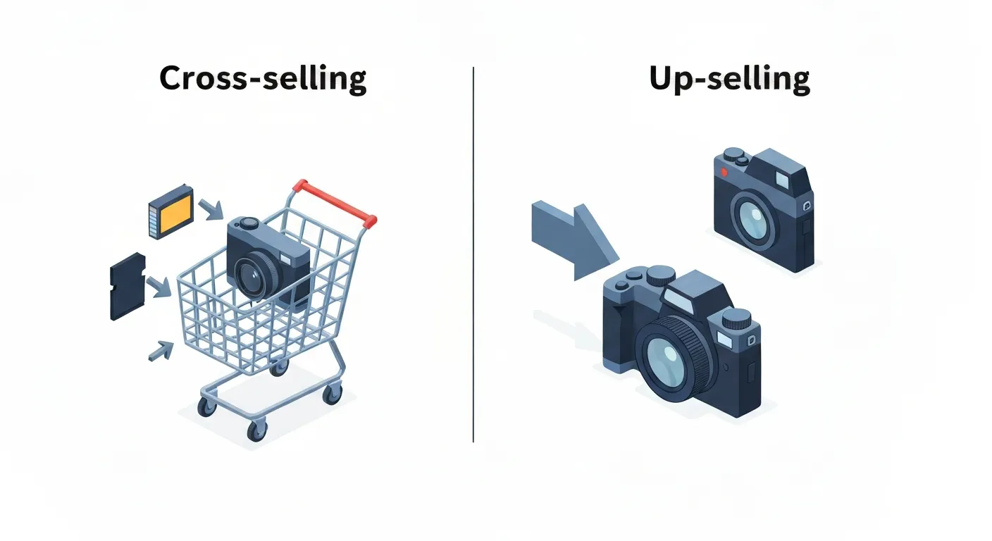 Grafika izometryczna wyjaśniająca strategie cross-selling i up-selling. Po lewej stronie wózek z aparatem fotograficznym, do którego dodawane są komplementarne produkty: karta pamięci i torba (cross-selling). Po prawej stronie podstawowy model aparatu jest zastępowany przez jego droższą, zaawansowaną wersję (up-selling).