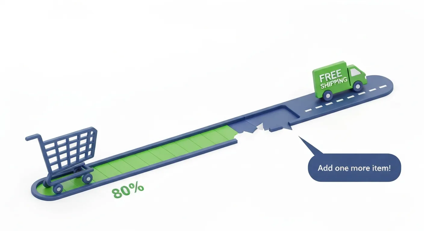 Wizualizacja progu darmowej dostawy jako strategii zwiększania AOV. Wózek na zakupy zbliża się do mety z napisem 'DARMOWA DOSTAWA'. Dynamiczny wskaźnik pokazuje, że do osiągnięcia celu brakuje niewielkiej kwoty, co motywuje do dodania kolejnego produktu.