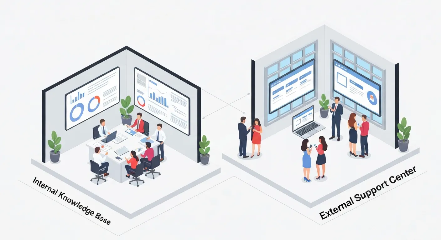 An isometric illustration showing the two types of knowledge bases: an internal one for employees inside an office and an external one for a diverse group of customers, highlighting the different user groups.
