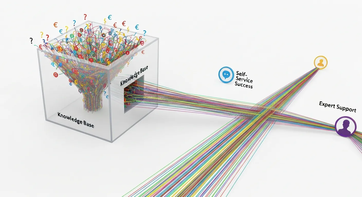 A diagram showing the benefit of a knowledge base by illustrating how it filters repetitive customer questions, allowing support agents to focus on complex issues, thereby improving efficiency.