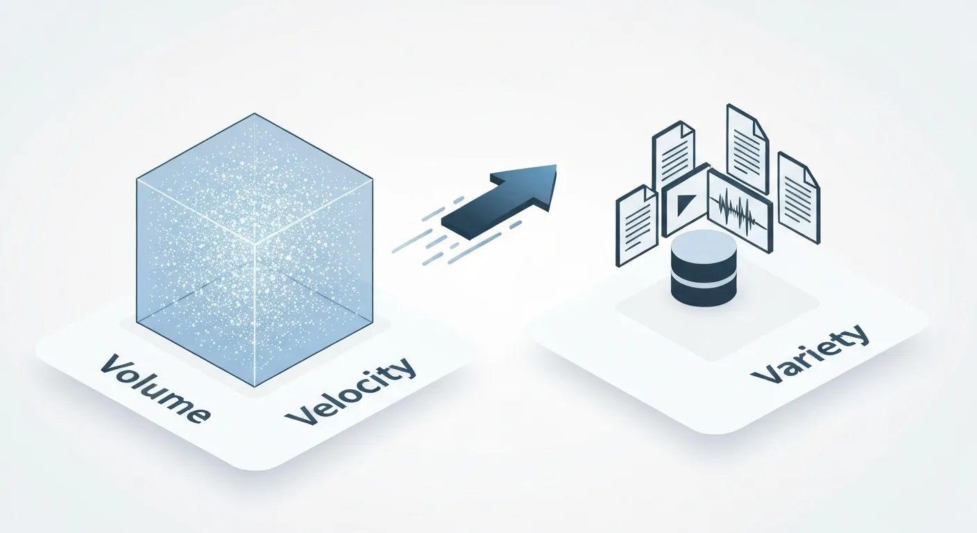 Wizualizacja modelu 3V Big Data. Trzy ikoniczne, trójwymiarowe symbole na białym tle: wielki sześcian z danymi symbolizujący Objętość (Volume), dynamiczna strzałka w ruchu symbolizująca Szybkość (Velocity), oraz zbiór różnych ikon (tekst, wideo, wykres) symbolizujący Różnorodność (Variety).