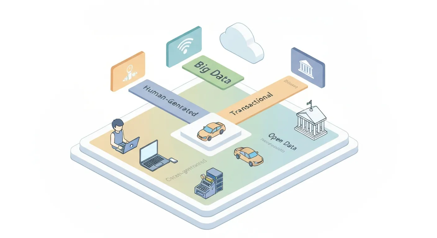 Infografika przedstawiająca główne źródła Big Data. Widać dane płynące z telefonów komórkowych (dane od ludzi), czujników w fabryce (dane maszynowe) oraz terminala płatniczego (dane transakcyjne) do centralnej chmury analitycznej.