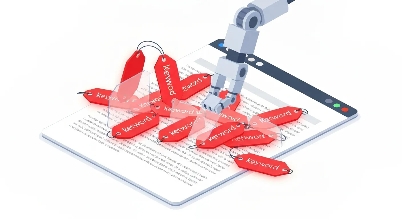 Ilustracja techniki Black Hat SEO polegającej na upychaniu słów kluczowych (keyword stuffing). Strona internetowa jest wizualnie przeładowana powtarzającymi się frazami, co czyni ją nieczytelną dla użytkownika.