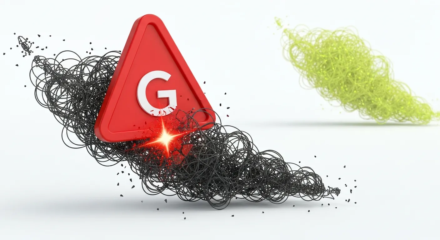 Abstrakcyjna wizualizacja kary Google za stosowanie nieetycznych schematów linkowych. Krucha sieć sztucznych linków rozpada się pod wpływem negatywnej oceny algorytmu.