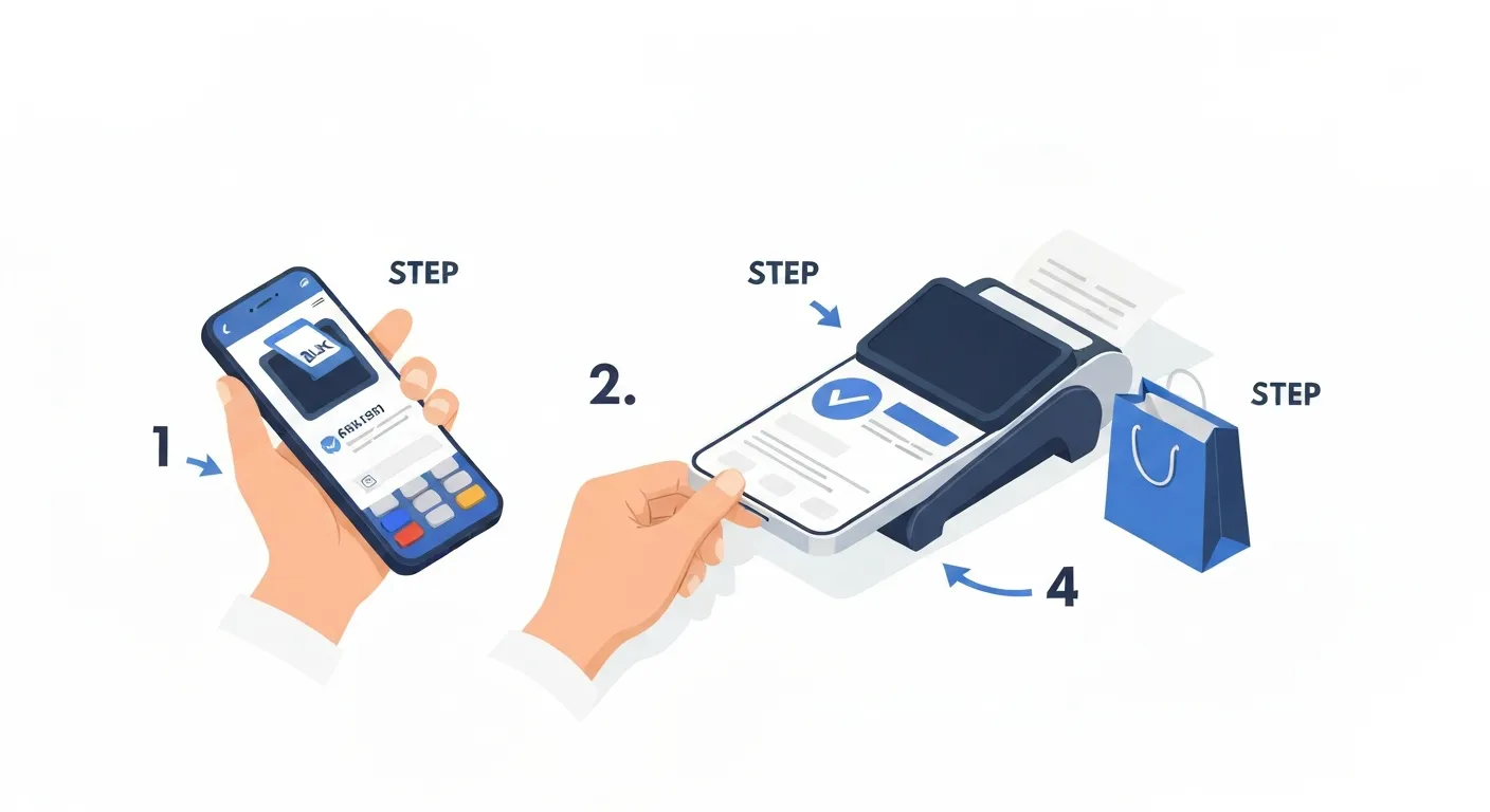 An isometric illustration demonstrating the step-by-step process of a BLIK payment: generating a code on a smartphone, entering it on a payment terminal, and confirming the transaction on the phone, resulting in a successful purchase.