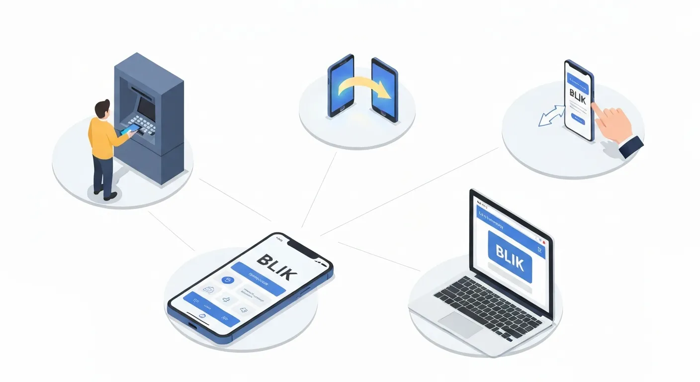 A clean 3D render showing the main functions of BLIK: a smartphone is centrally featured, connecting to icons that represent P2P transfers to another phone, cardless ATM cash withdrawals, and easy online payments on a laptop.