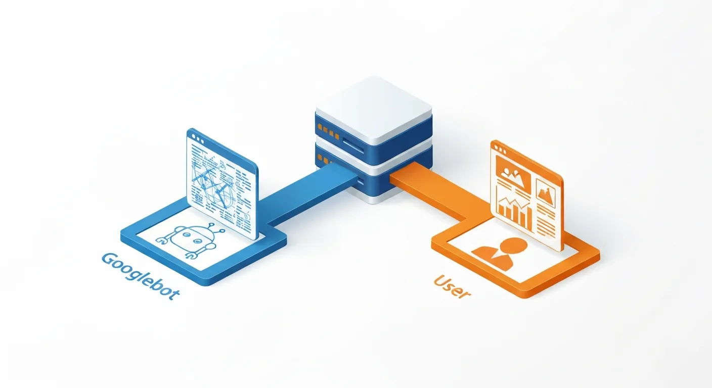 An isometric diagram illustrating the cloaking mechanism. A central server sends a text-heavy, keyword-optimized page to a search engine robot and a different, visually appealing page to a human user.