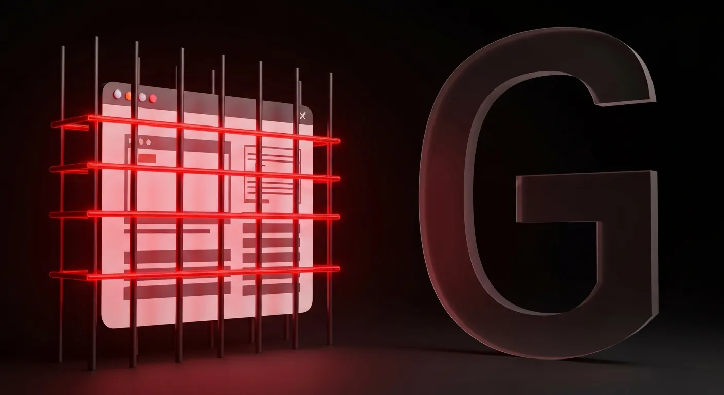 An illustration symbolizing a Google penalty for cloaking. A website is trapped behind red digital prison bars, representing de-indexing and punishment for using black hat SEO techniques.