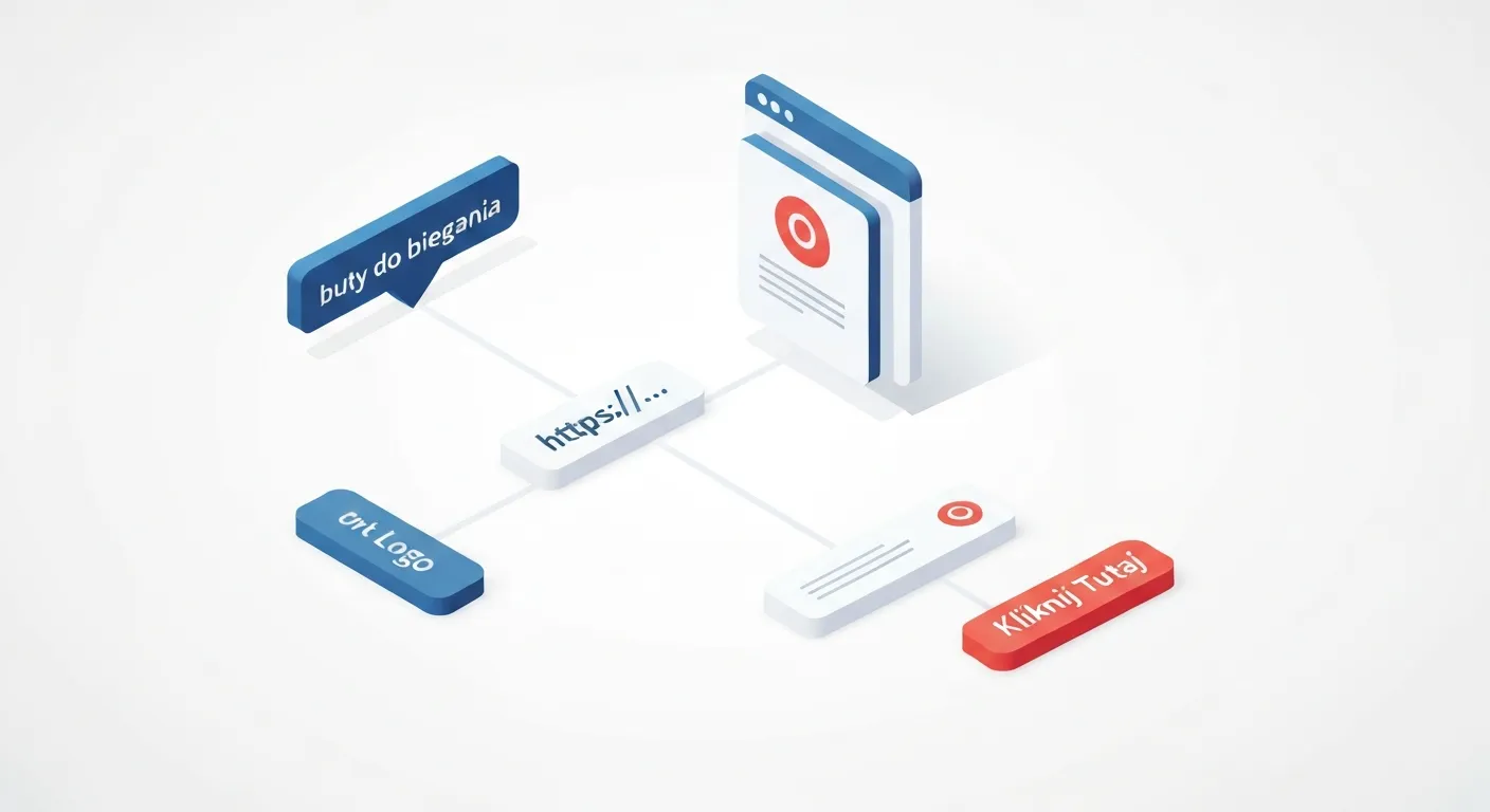 Infografika izometryczna przedstawiająca różne typy anchor textu jako kolorowe bloki z ikonami, każdy prowadzący do centralnej strony internetowej. Widać bloki z etykietami 'Exact Match', 'Branded', 'Naked URL' i 'Generic', co wizualizuje potrzebę dywersyfikacji profilu linków w SEO.