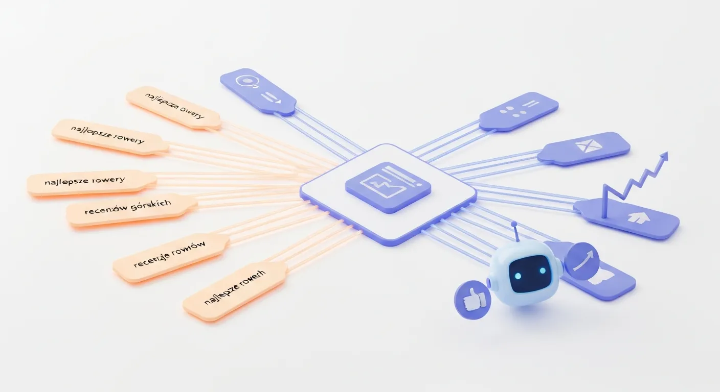 Wizualizacja danych pokazująca, jak algorytm Google analizuje anchor texty. Po lewej stronie widać wiele linków przychodzących z różnymi tekstami kotwicy, a po prawej inteligentny robot (symbolizujący algorytm) przypisuje stronie wysoki wynik rankingowy, co ilustruje wpływ anchor textu na SEO.