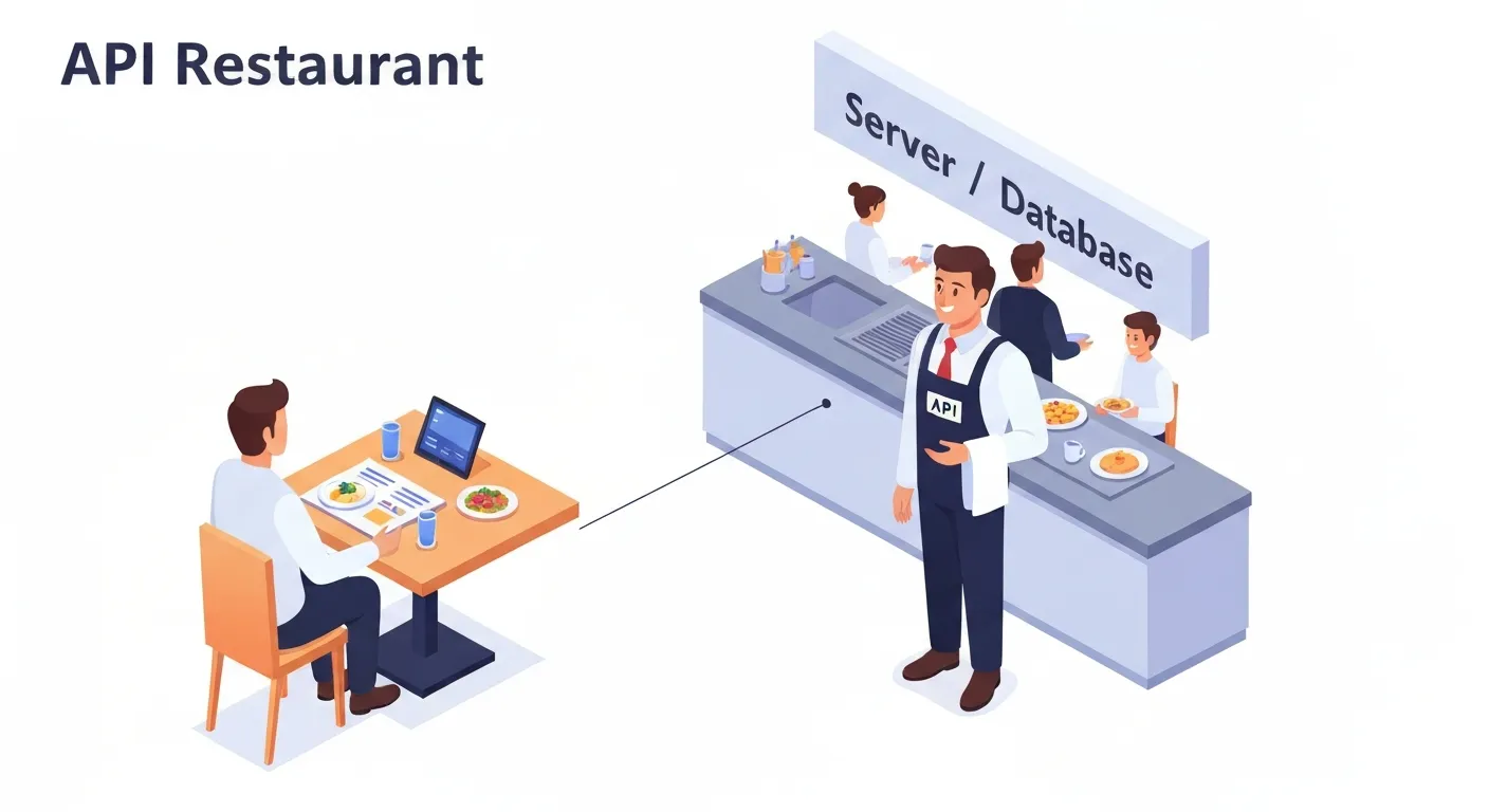 Ilustracja izometryczna wyjaśniająca działanie API za pomocą analogii do restauracji. Klient siedzi przy stoliku, a kelner z etykietą 'API' przyjmuje jego zamówienie, działając jako pośrednik między nim a kuchnią w tle, oznaczoną jako 'Serwer'.