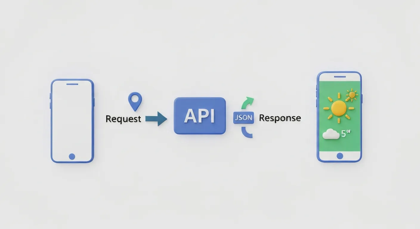 Diagram krok po kroku pokazujący, jak działa API aplikacji pogodowej. Smartfon po lewej stronie wysyła zapytanie (request) do serwera chmurowego po prawej, a serwer odsyła odpowiedź (response) z danymi pogodowymi, z ikoną API jako centralnym pośrednikiem.