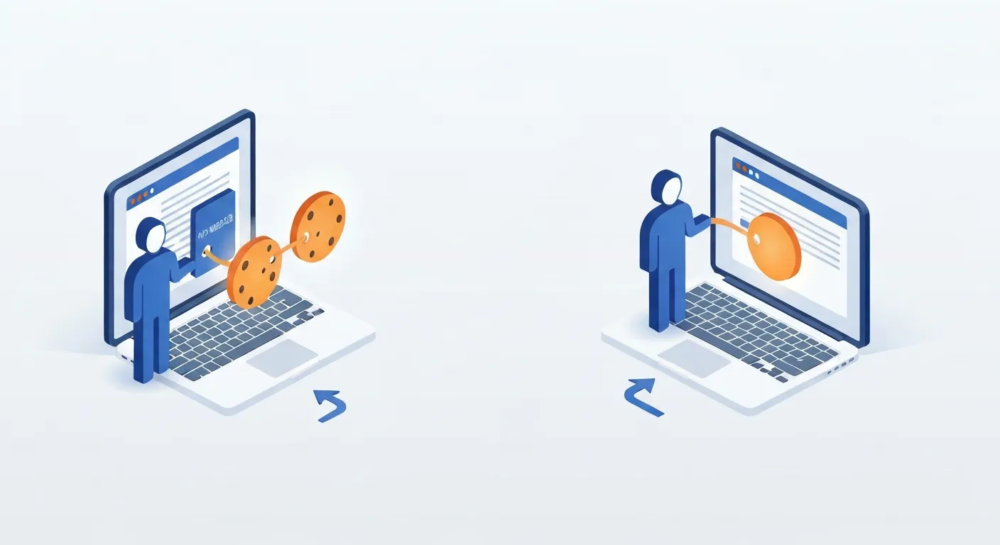 Ilustracja izometryczna pokazująca, jak przy pierwszej wizycie generowany jest Client ID, a przy kolejnej ten sam identyfikator jest rozpoznawany, odróżniając nowego od powracającego użytkownika.