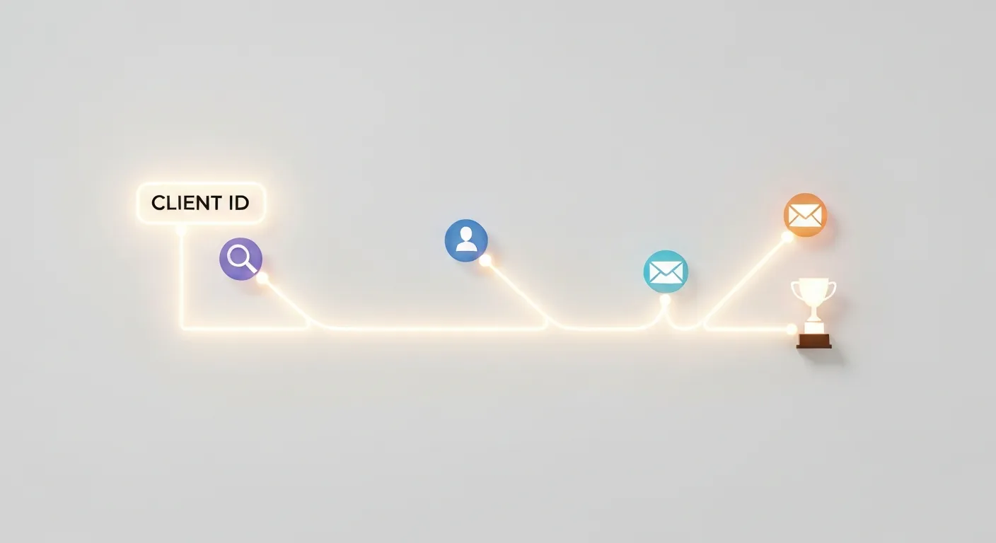 Diagram ścieżki klienta, gdzie różne punkty styku (media społecznościowe, wyszukiwarka, email) są połączone jedną nicią symbolizującą Client ID, prowadząc do ostatecznej konwersji.