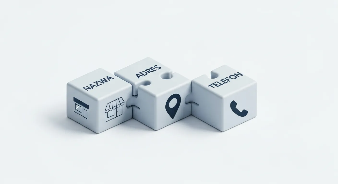 Izometryczna grafika przedstawiająca trzy połączone ze sobą bloki symbolizujące trzy filary NAP: Nazwę, Adres i Numer Telefonu. Każdy blok ma odpowiednią ikonę i etykietę, co wizualnie podkreśla konieczność ich spójności.