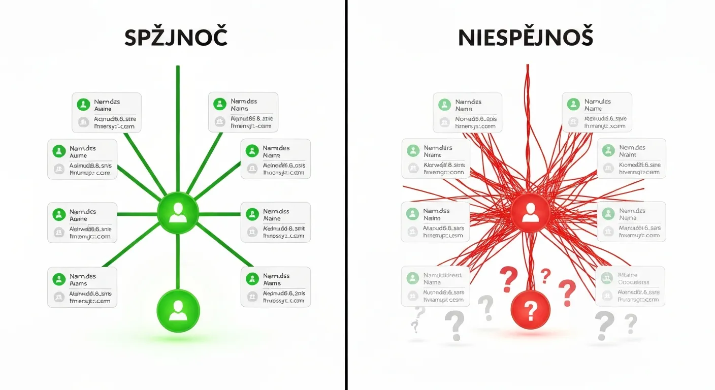 Wizualizacja danych porównująca skutki spójnego i niespójnego NAP. Po jednej stronie, spójne dane tworzą prostą, wyraźną ścieżkę prowadzącą do sukcesu. Po drugiej stronie, niespójne dane tworzą splątaną, chaotyczną sieć, symbolizującą utracone możliwości i zamieszanie.