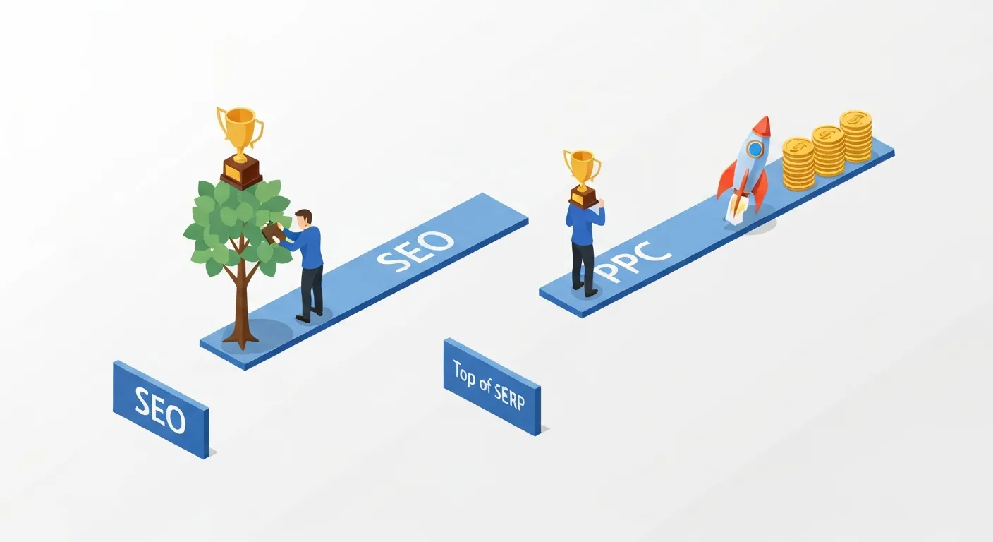 An isometric illustration comparing the concepts of SEO and PPC. On one side, a winding, green path labeled 'SEO' shows a person patiently watering a plant that grows into a trophy, representing a long-term strategy. On the other side, a straight, yellow path labeled 'PPC' shows a person launching from a rocket towards an identical trophy, symbolizing a fast, paid approach.