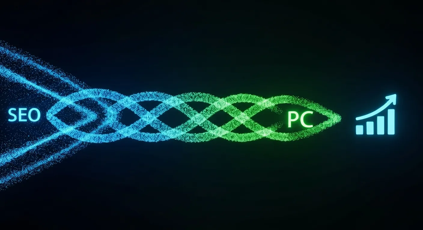 An abstract visualization demonstrating the synergy between SEO and PPC. Two separate streams of glowing data particles, one blue for SEO and one green for PPC, flow from different sources and then elegantly intertwine to form a larger, more powerful, braided river of light that flows towards a target icon representing business goals.