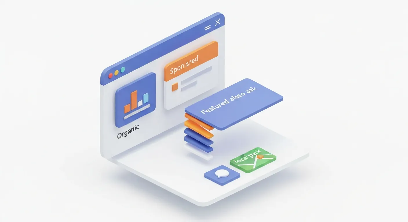 Izometryczna ilustracja przedstawiająca anatomię nowoczesnej strony wyników wyszukiwania (SERP), z wyraźnie oznaczonymi blokami dla wyników organicznych, płatnych reklam, fragmentu polecanego (featured snippet) i pakietu lokalnego.