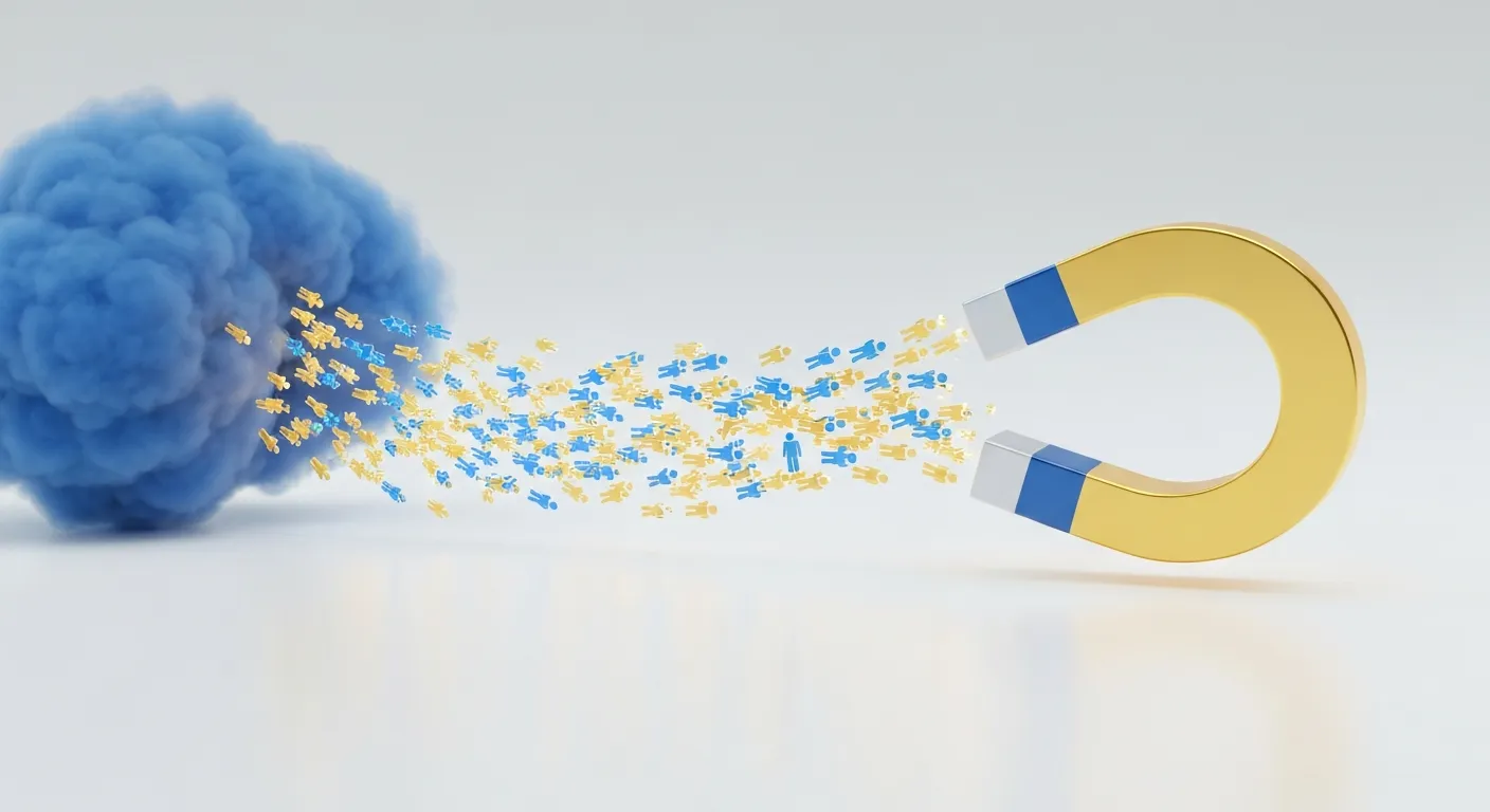 Abstrakcyjna wizualizacja pokazująca, jak wysoka pozycja w SERP działa jak potężny magnes, przyciągając strumień ikon użytkowników (symbolizujących ruch organiczny) prosto do celu biznesowego.