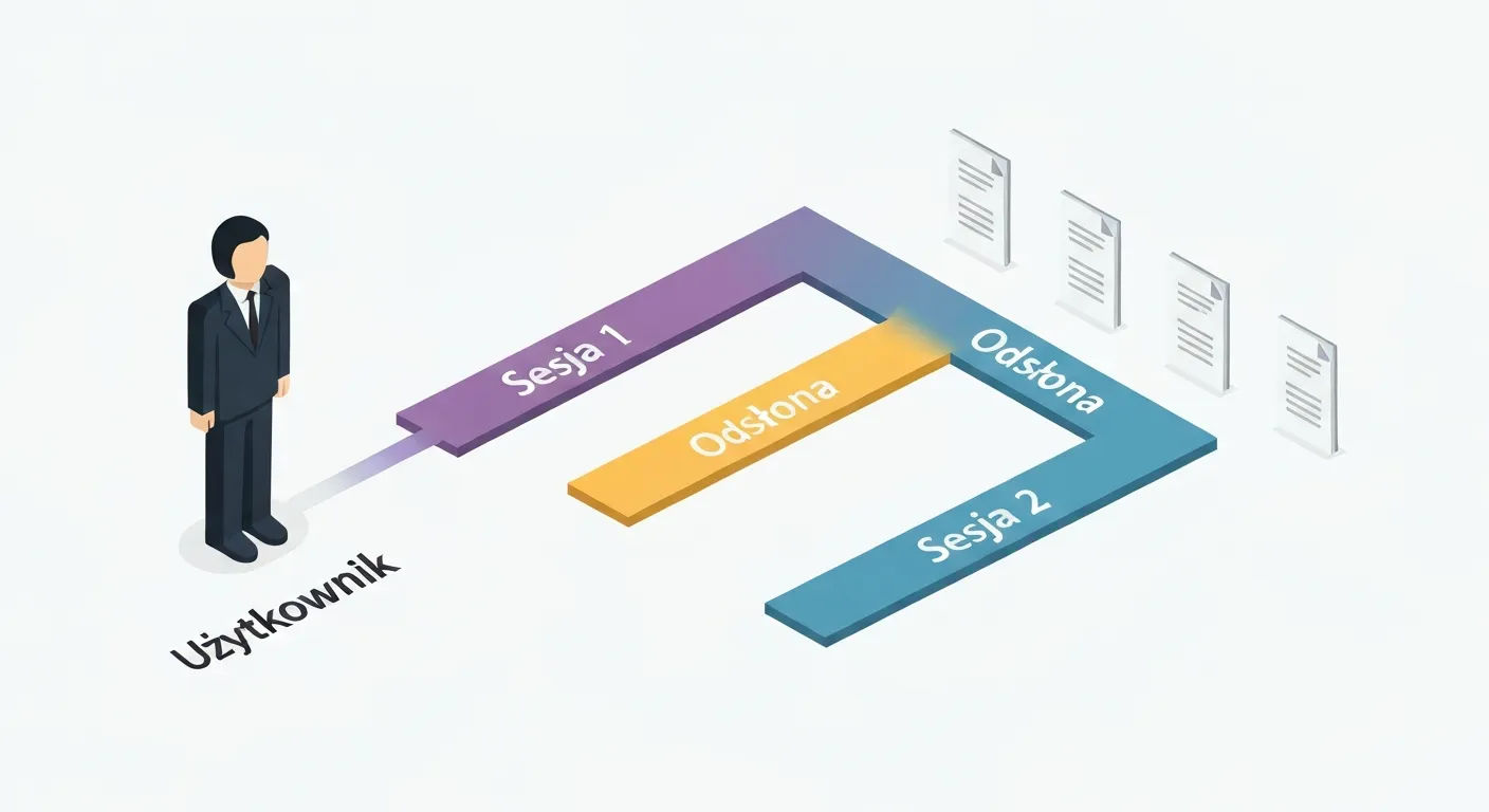 Ilustracja izometryczna wyjaśniająca różnicę między użytkownikiem, sesją a odsłoną. Pokazuje jedną postać (użytkownik), od której odchodzą dwie oddzielne ścieżki (sesje), a na każdej ścieżce znajduje się kilka ikon reprezentujących odsłony strony.