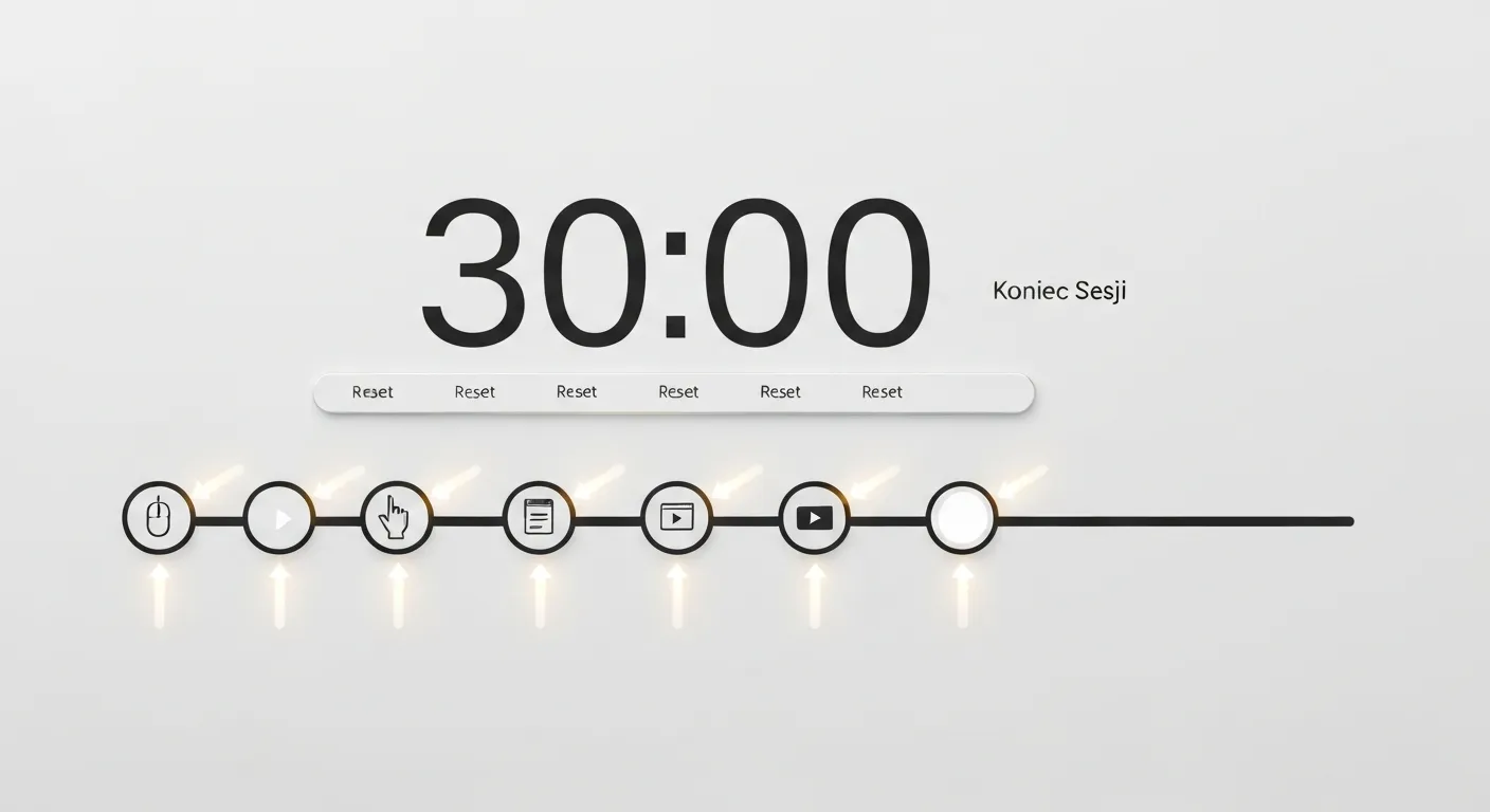 Wizualizacja danych pokazująca, jak mierzony jest czas trwania sesji internetowej. Oś czasu z zegarem odliczającym 30 minut, który jest resetowany przez ikony interakcji użytkownika, aż do momentu, gdy brak aktywności powoduje zakończenie sesji.