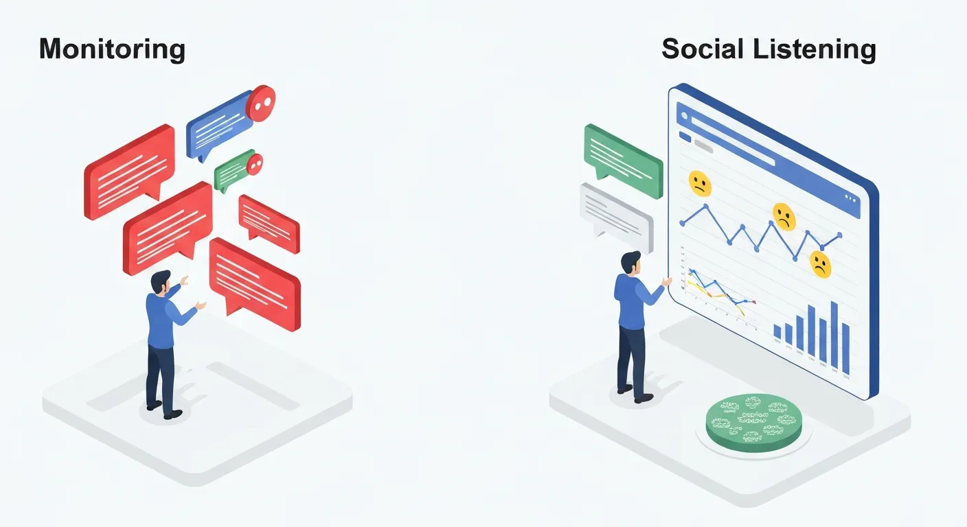 Ilustracja izometryczna porównująca monitoring mediów społecznościowych z social listeningiem. Po lewej stronie osoba reaguje na pojedyncze powiadomienia (monitoring). Po prawej strateg analizuje kompleksowy pulpit z trendami i sentymentem, uzyskując pełny obraz sytuacji (social listening).