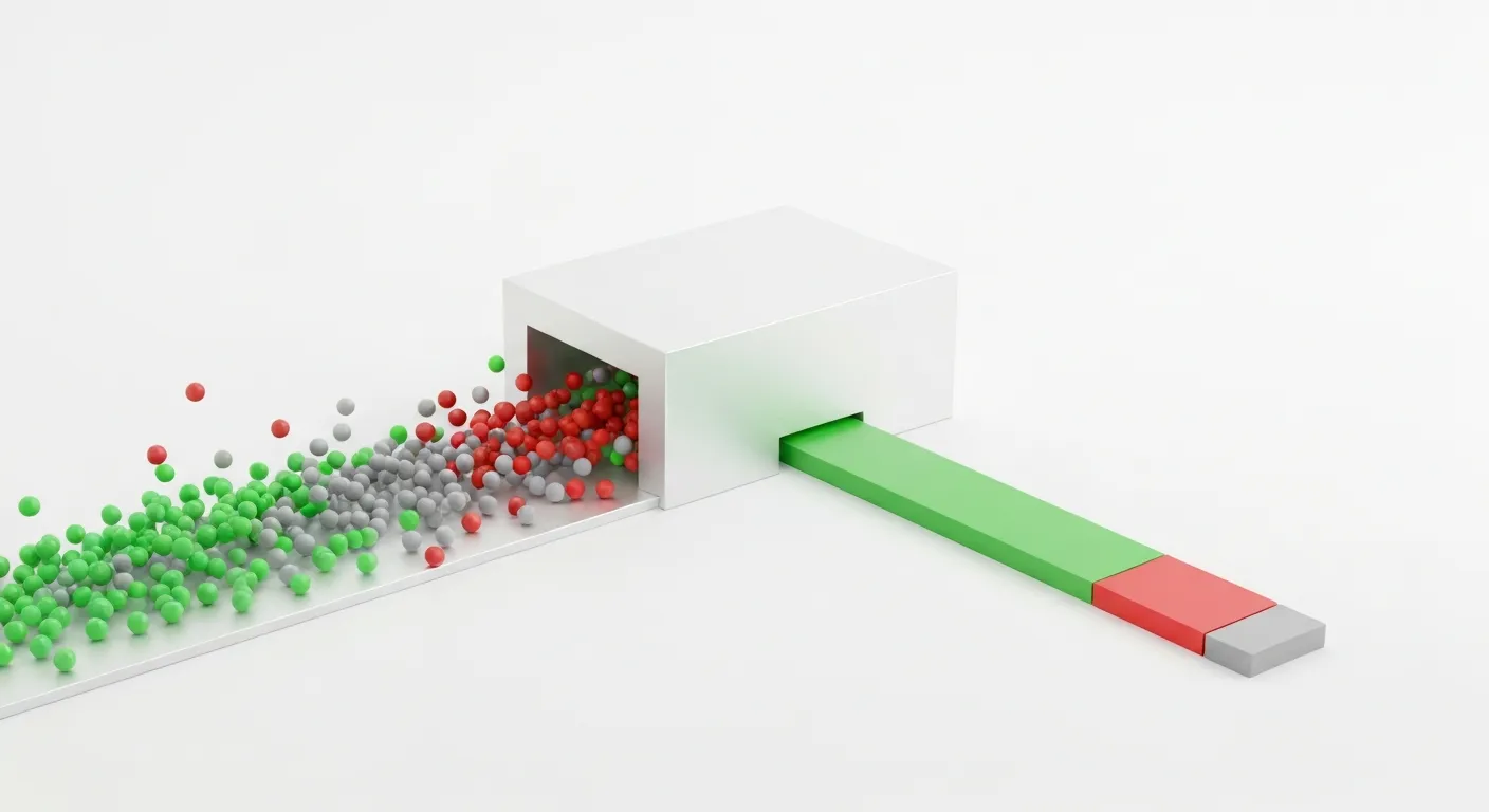 Abstrakcyjna wizualizacja analizy sentymentu. Strumienie komentarzy w kolorach zielonym (pozytywny), czerwonym (negatywny) i szarym (neutralny) wpływają do maszyny analitycznej, która na wyjściu pokazuje prosty wykres podsumowujący nastroje klientów.