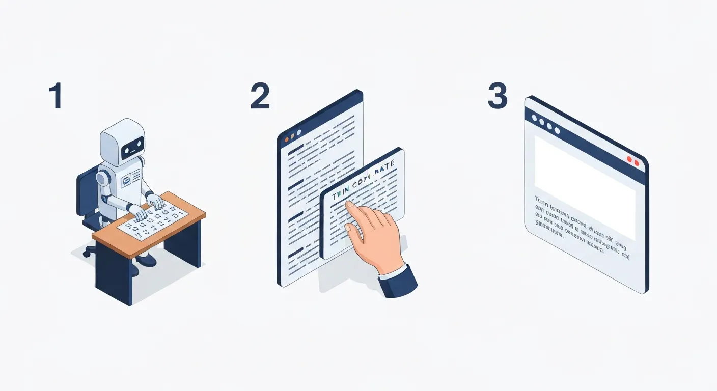 Ilustracja przedstawiająca różne rodzaje thin content. Na jednym obrazku widać robota piszącego nonsensowny tekst (treści automatyczne), na drugim dwie strony z identyczną treścią i strzałką kopiowania (treści skopiowane), a na trzecim stronę, która jest prawie pusta (płytkie treści).