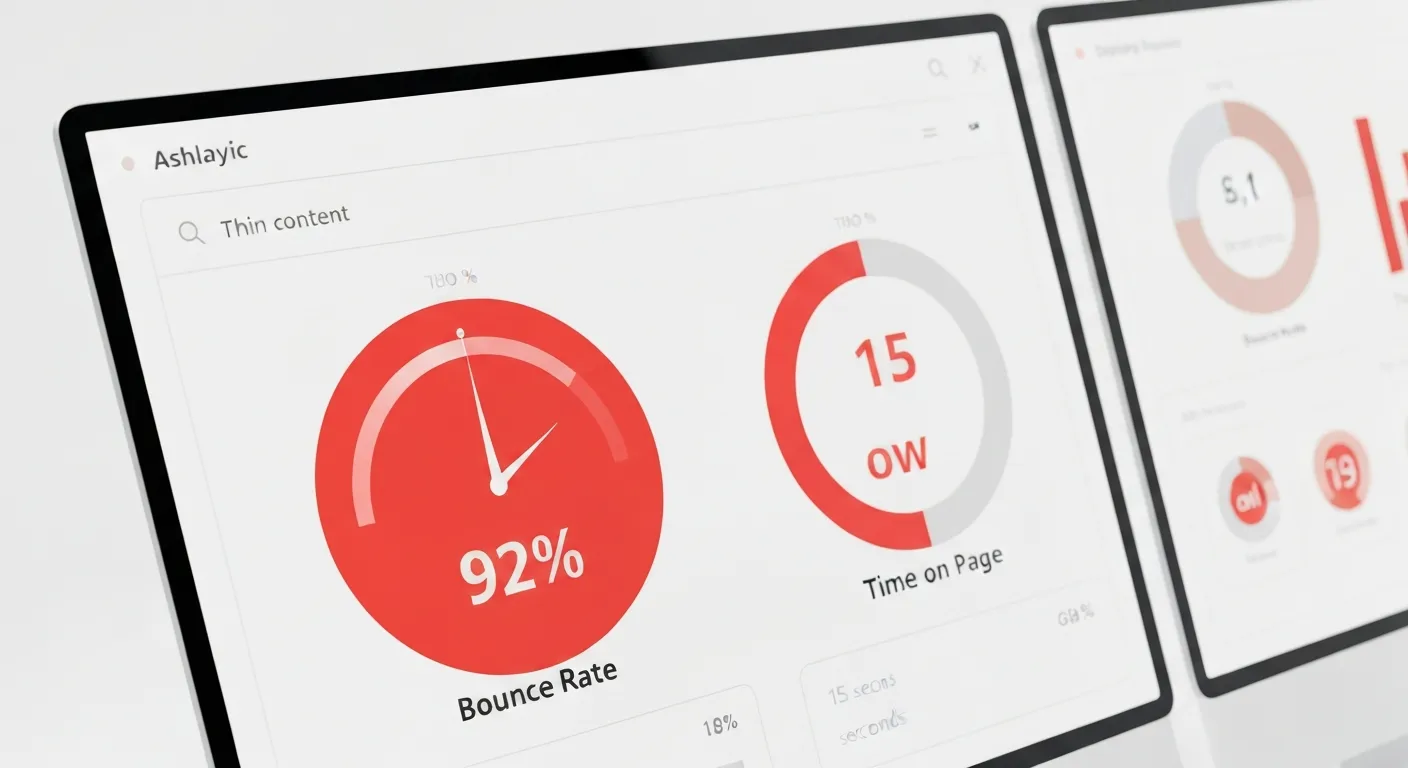 Wizualizacja danych pokazująca, jak zdiagnozować thin content na stronie. Na ekranie komputera widać panel analityczny z alarmującymi wskaźnikami: bardzo wysoki współczynnik odrzuceń (bounce rate) i bardzo krótki średni czas spędzony na stronie, oba zaznaczone na czerwono.