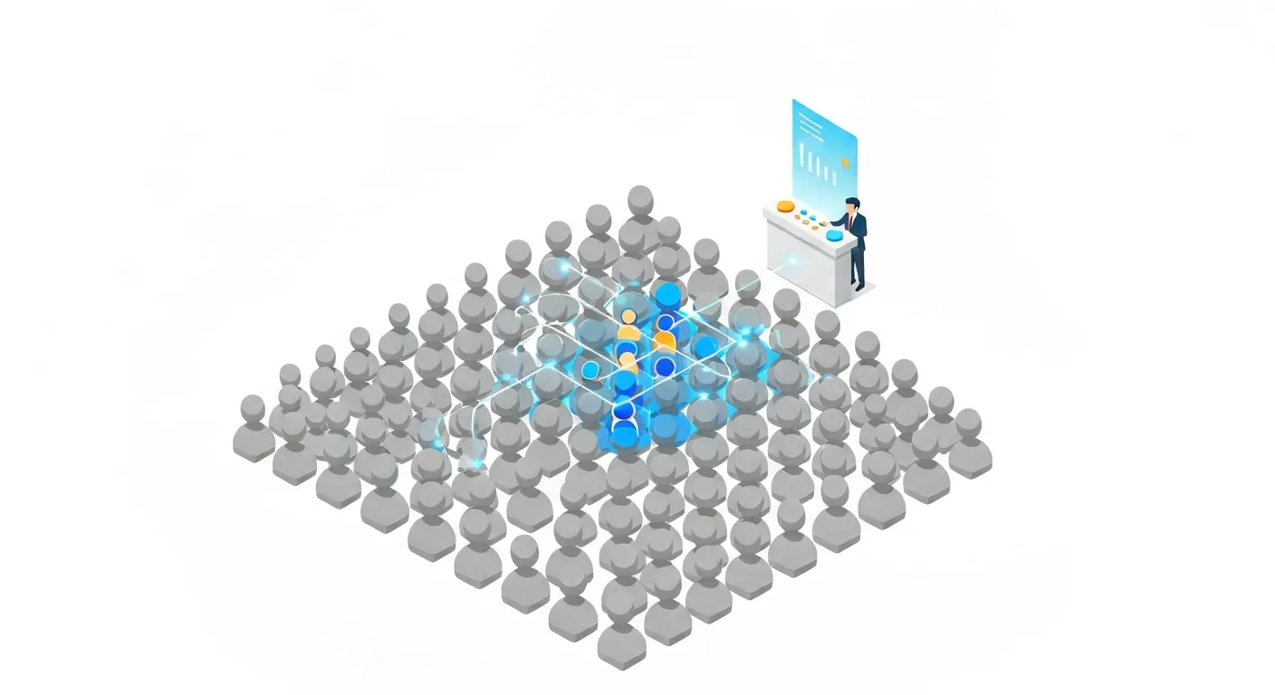 An isometric illustration of a marketer using a futuristic dashboard to target specific customer profiles. A large, diverse crowd of abstract figures is shown, but a glowing path of light connects the dashboard directly to a select group of ideal customers, highlighting the precision of paid reach.