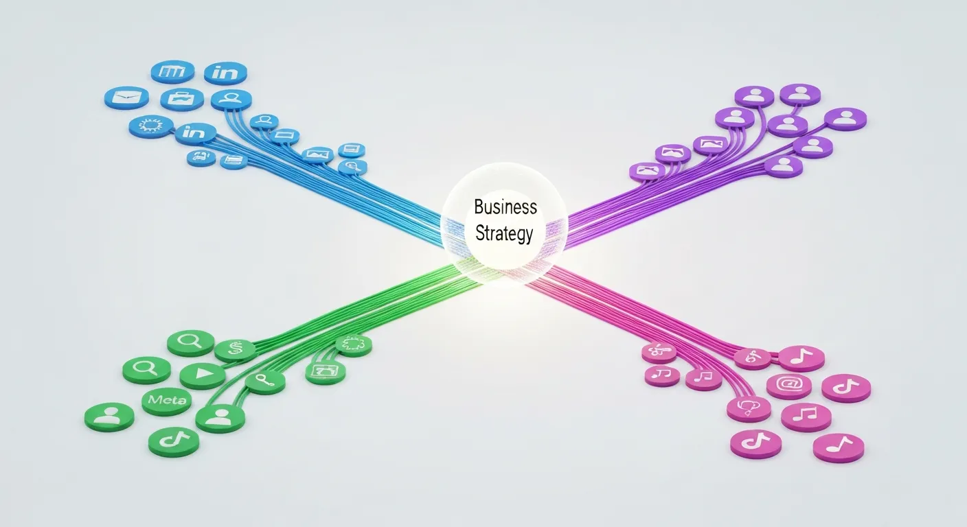 A conceptual illustration showing different digital advertising platforms as distinct channels. A central hub representing a business has multiple pipelines leading out, each with a recognizable icon for Google, Meta, LinkedIn, and TikTok, connecting to different types of target audiences.