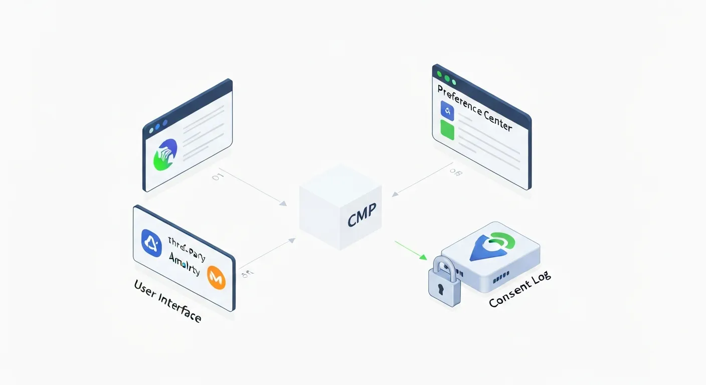 An isometric illustration showing the key components of a Consent Management Platform: a user interface banner, a preference center for granular control, a secure consent log, and integrations with third-party tools.
