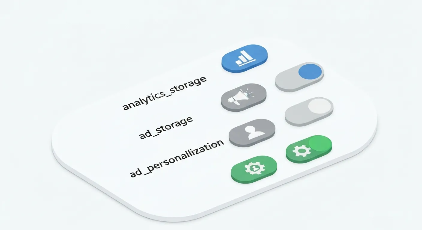 An isometric illustration showing the four key parameters of Google Consent Mode v2 as toggle switches on a control panel. The switches are labeled 'analytics_storage', 'ad_storage', 'ad_user_data', and 'ad_personalization', visually explaining the granular control over user data.