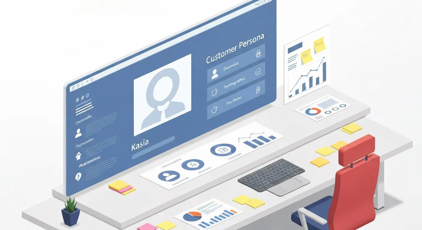 An isometric illustration showing a marketing team collaborating around a large digital table to build a detailed customer persona. On the table, a holographic profile of 'Kasia, 32' is visible, with icons representing her hobbies, challenges, and goals, surrounded by charts and data points.