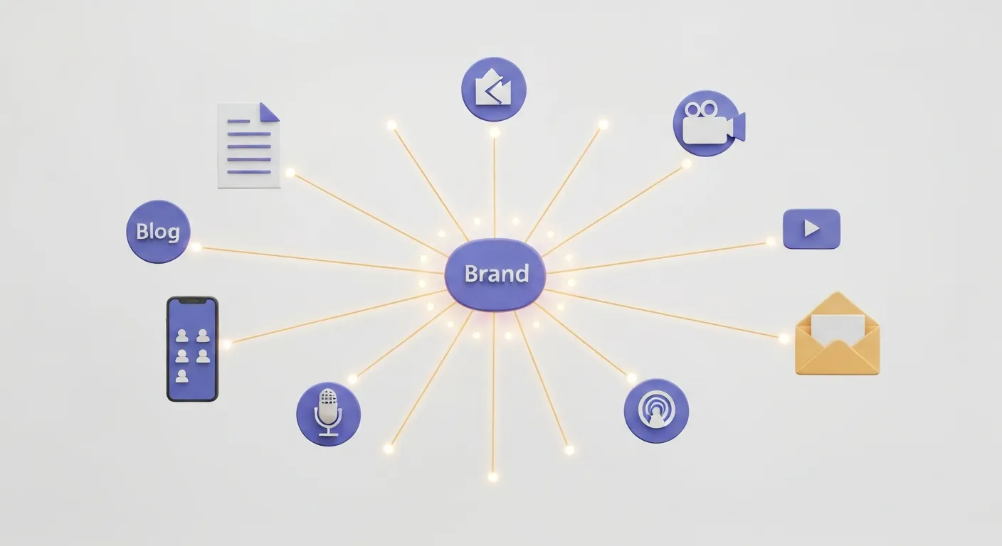 An abstract visualization of a comprehensive B2C content ecosystem. A central brand icon radiates pathways to various content formats, each represented by a distinct icon: a blog post, a video reel, an infographic chart, a podcast microphone, and an email newsletter, all interconnected to show a unified strategy.