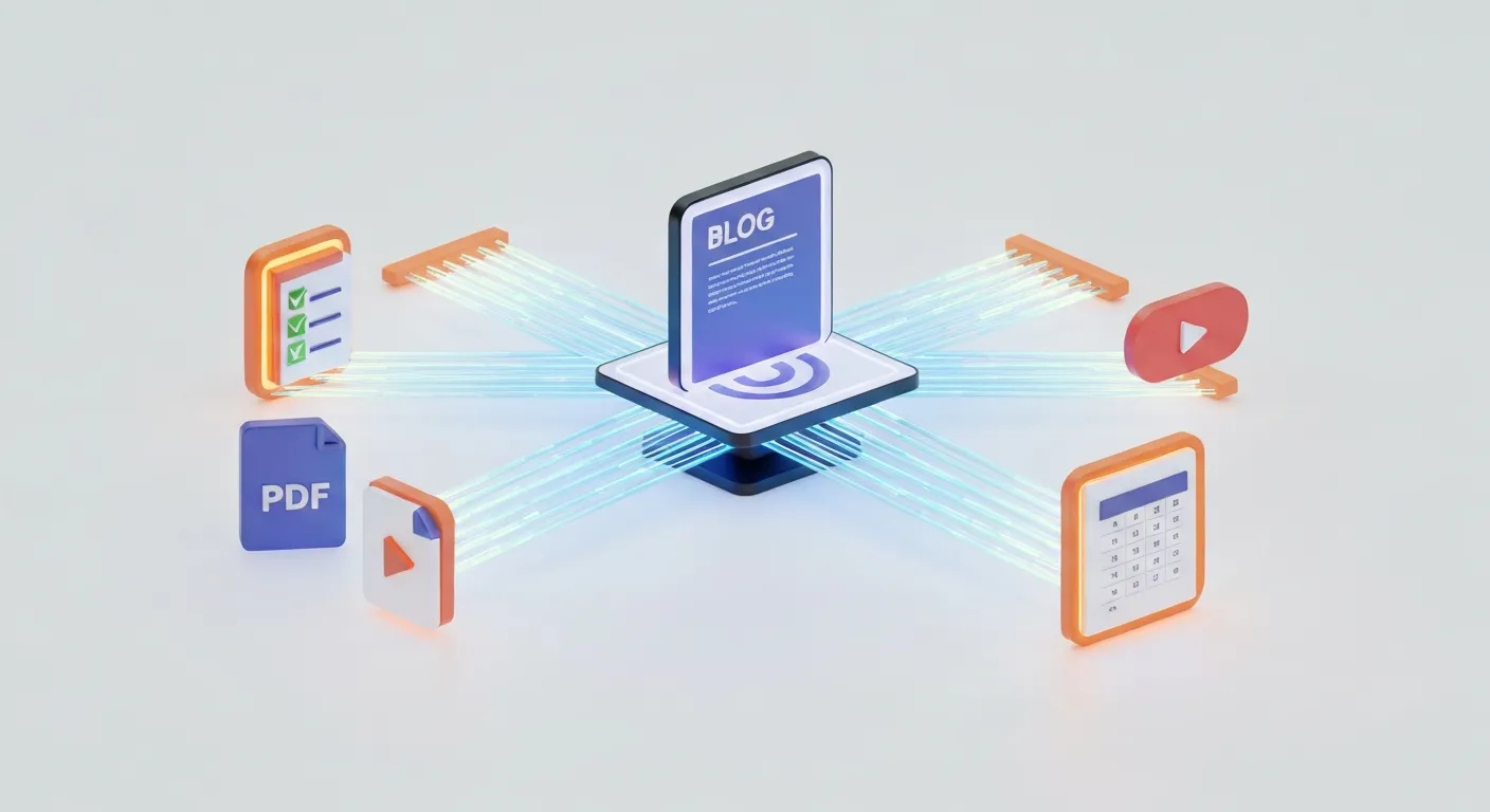 A central blog post icon on a digital tablet, with several connecting lines branching out to various content upgrade formats, such as a PDF document, a checklist, a video tutorial, and a spreadsheet template.
