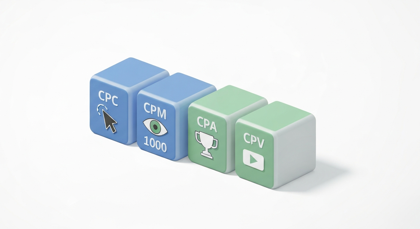 Infografika porównująca cztery kluczowe modele rozliczeniowe w reklamie internetowej. Pokazane są ikony symbolizujące CPC (kliknięcie), CPM (oko - tysiąc wyświetleń), CPA (cel/konwersja) oraz CPV (przycisk play - obejrzenie wideo), aby wizualnie zilustrować różnice między nimi.