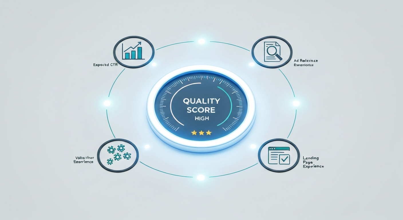 Wizualizacja mechanizmu Wyniku Jakości (Quality Score) wpływającego na CPC. W centrum znajduje się tarcza z wysoką oceną, a wokół niej trzy połączone ikony reprezentujące jej składniki: przewidywany CTR (wykres), trafność reklamy (lupa) i jakość strony docelowej (strona internetowa).