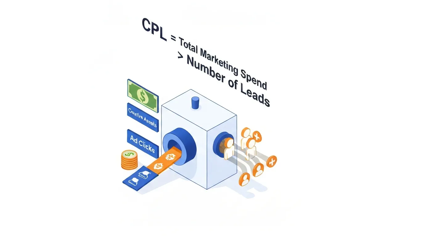 An isometric illustration visually explaining the CPL formula. On the left, various marketing expenses like ad spend and creative costs are shown as icons flowing into a central processor, and on the right, a number of human icons representing new leads are coming out. The mathematical formula CPL = Total Cost / Total Leads is clearly displayed above.