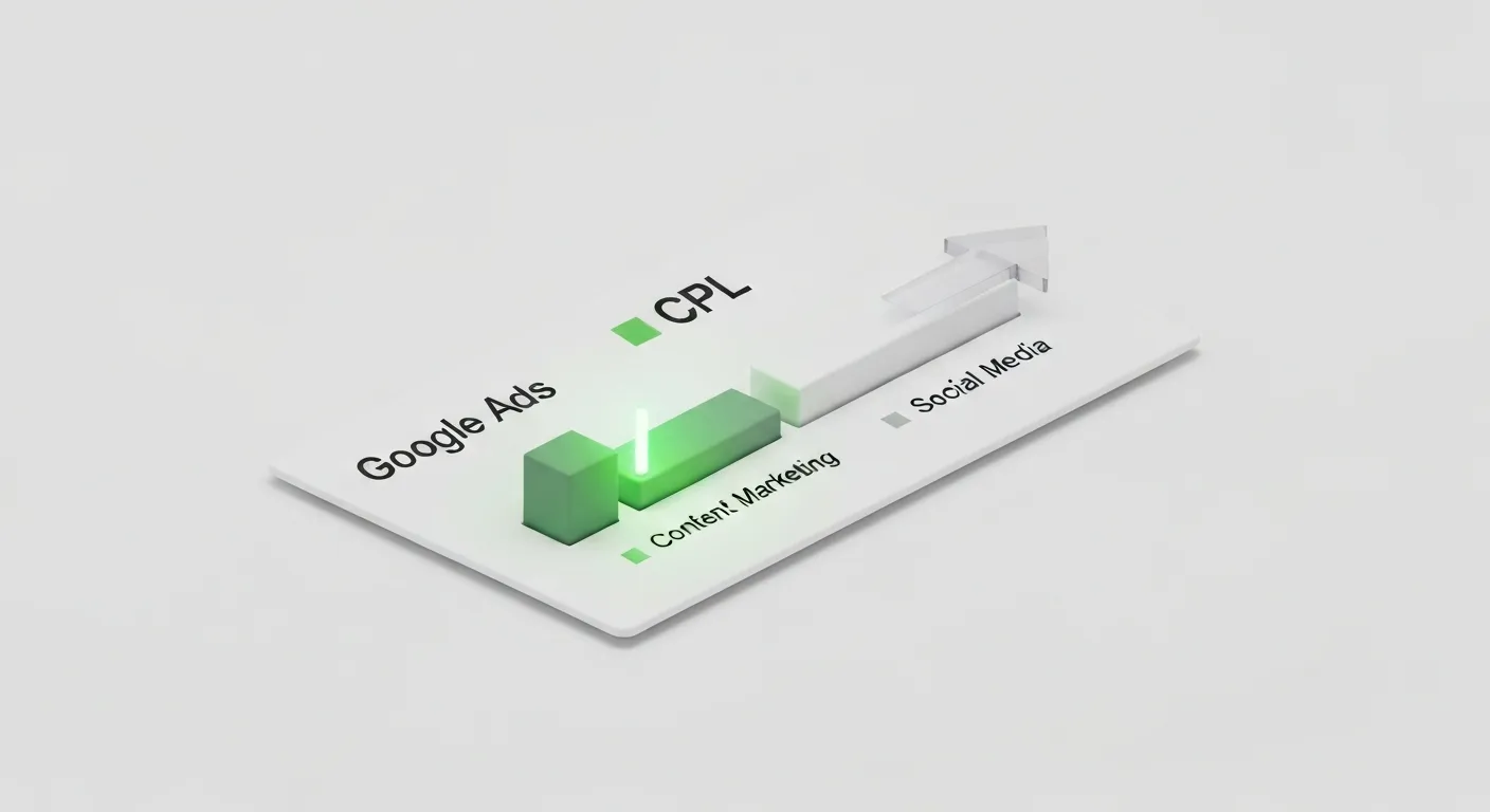 A data visualization graphic showing a marketer optimizing a budget. The image features a clean dashboard with a bar chart comparing the CPL from different marketing channels like Google Ads, LinkedIn, and SEO, with one channel showing a significantly lower and more efficient CPL.
